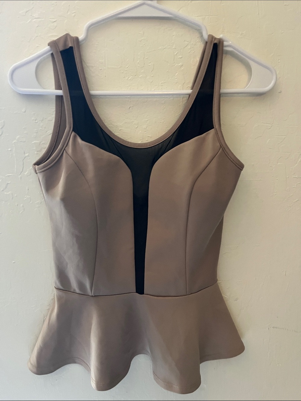 a'gaci Taupe Peplum Tank with Black Mesh Inset